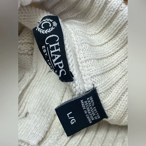 CHAPS size Large Cream Cotton  3-Button Mock Neck Pullover Sweater prep winter - Picture 11 of 12